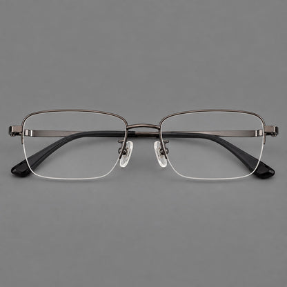Half frame titanium glasses with rectangular lenses and rounded hinge details in Gunmetal, front view frame detail