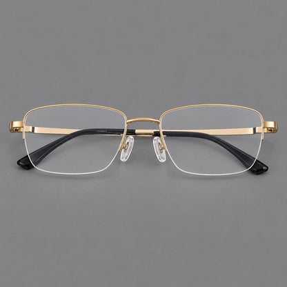 Half frame titanium glasses with rectangular lenses and rounded hinge details in Gold, front view temple detail