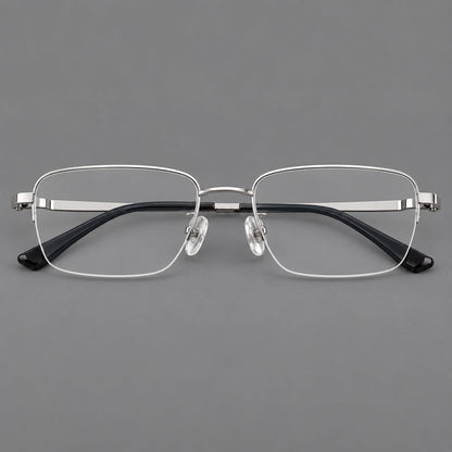 Half frame titanium glasses with rectangular lenses and rounded hinge details in Silver, front view additional product view