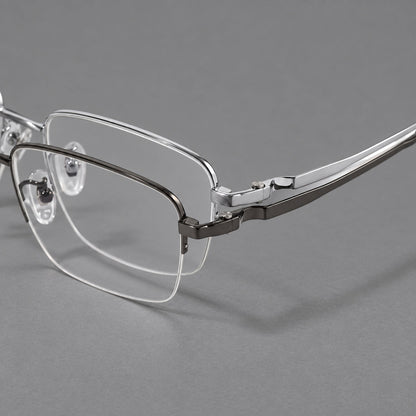 Half frame titanium glasses with rectangular lenses and rounded hinge details, frame details additional product view