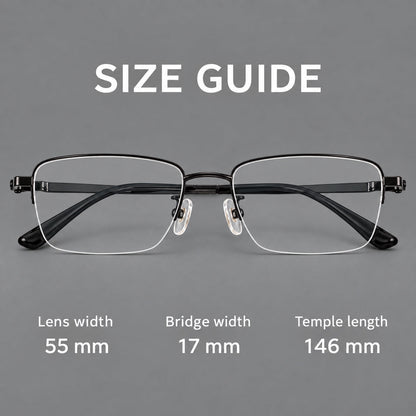 Half frame titanium glasses with rectangular lenses and rounded hinge details, size guide in millimetres additional product view