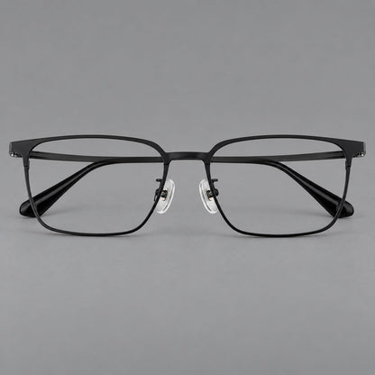 Bold rectangular titanium glasses with strong upper corners and flat metal temples in Black, front view side view