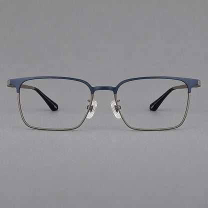 Bold rectangular titanium glasses with strong upper corners and flat metal temples in Blue and Gunmetal, front view frame detail