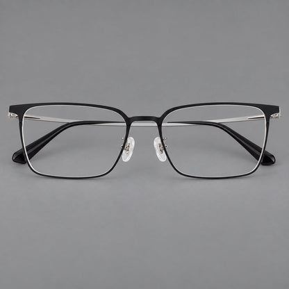 Bold rectangular titanium glasses with strong upper corners and flat metal temples in Black and Silver, front view additional product view