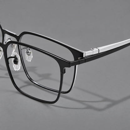 Bold rectangular titanium glasses with strong upper corners and flat metal temples, frame details additional product view