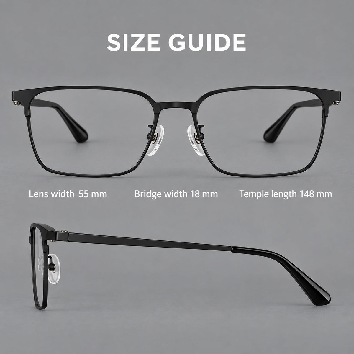 Bold rectangular titanium glasses with strong upper corners and flat metal temples, size guide in millimetres
