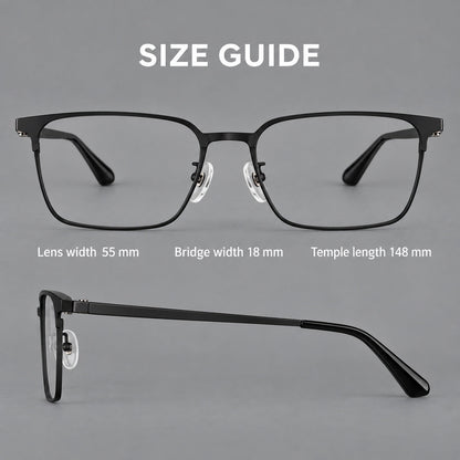 Bold rectangular titanium glasses with strong upper corners and flat metal temples, size guide in millimetres additional product view