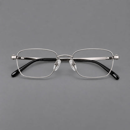 Shallow rectangular titanium glasses with a broad bridge and stepped temple joins in Silver, front view additional product view