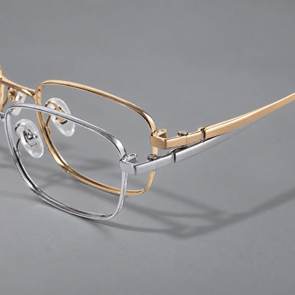 Shallow rectangular titanium glasses with a broad bridge and stepped temple joins, frame details additional product view