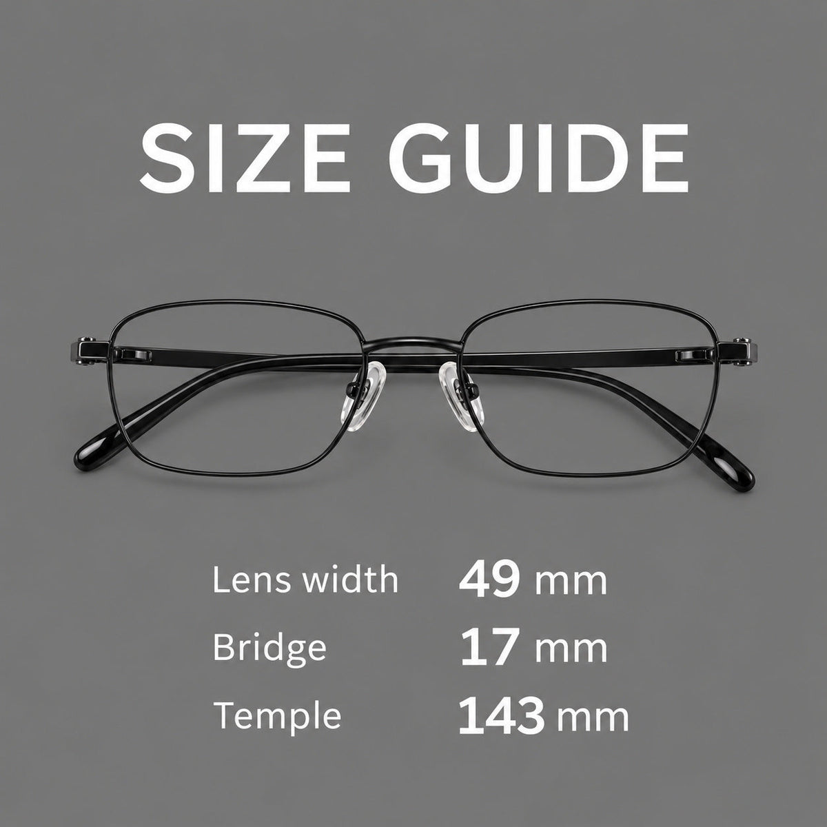 Shallow rectangular titanium glasses with a broad bridge and stepped temple joins, size guide in millimetres