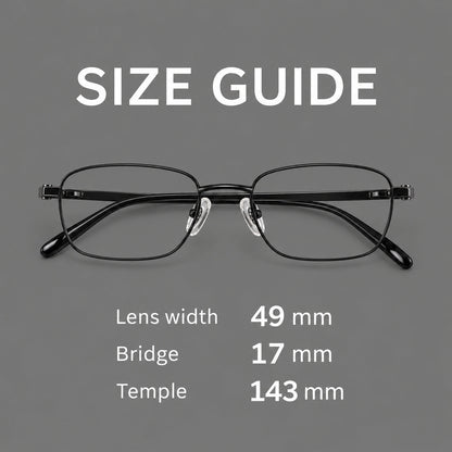 Shallow rectangular titanium glasses with a broad bridge and stepped temple joins, size guide in millimetres additional product view