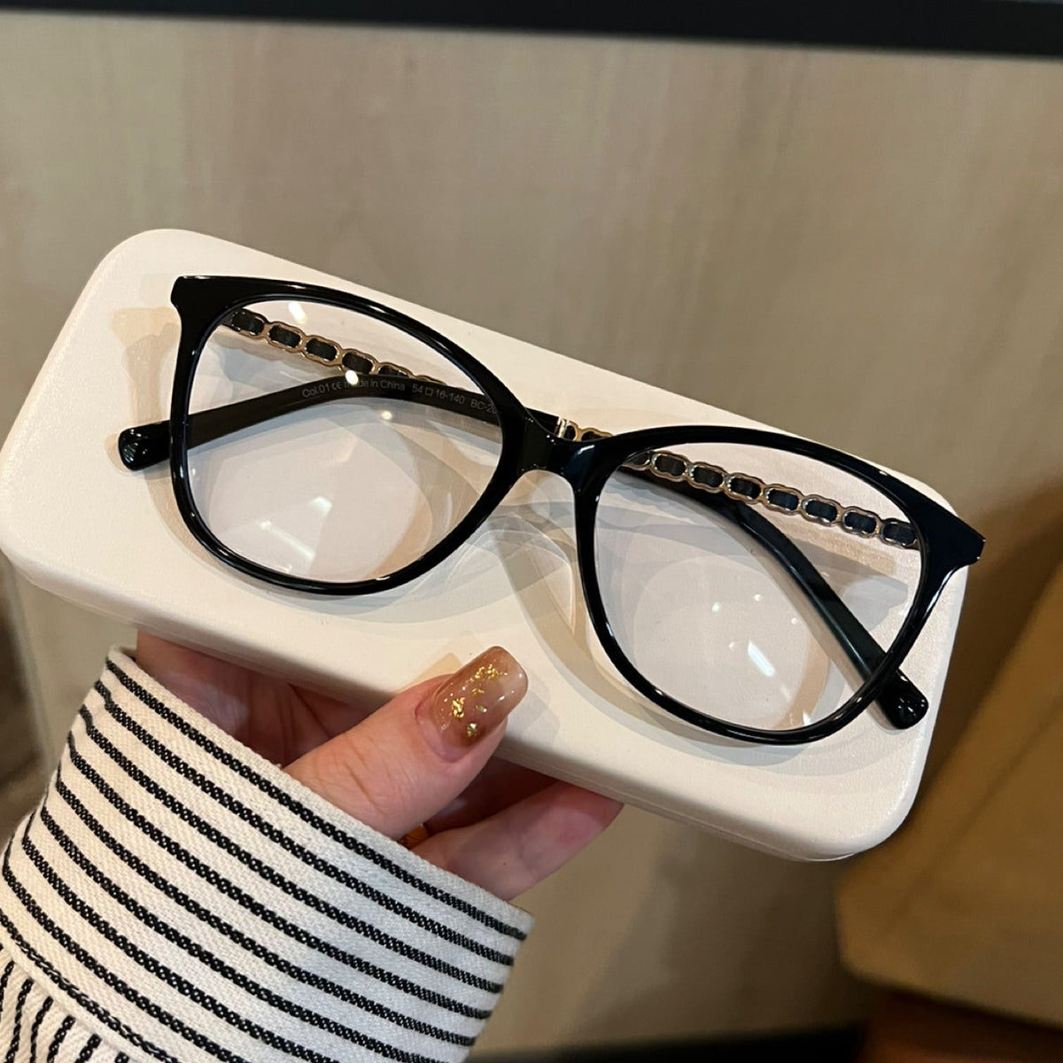 Cat-Eye Eyeglass Frames with Chain-Style Temple Details, Black or Tortoiseshell