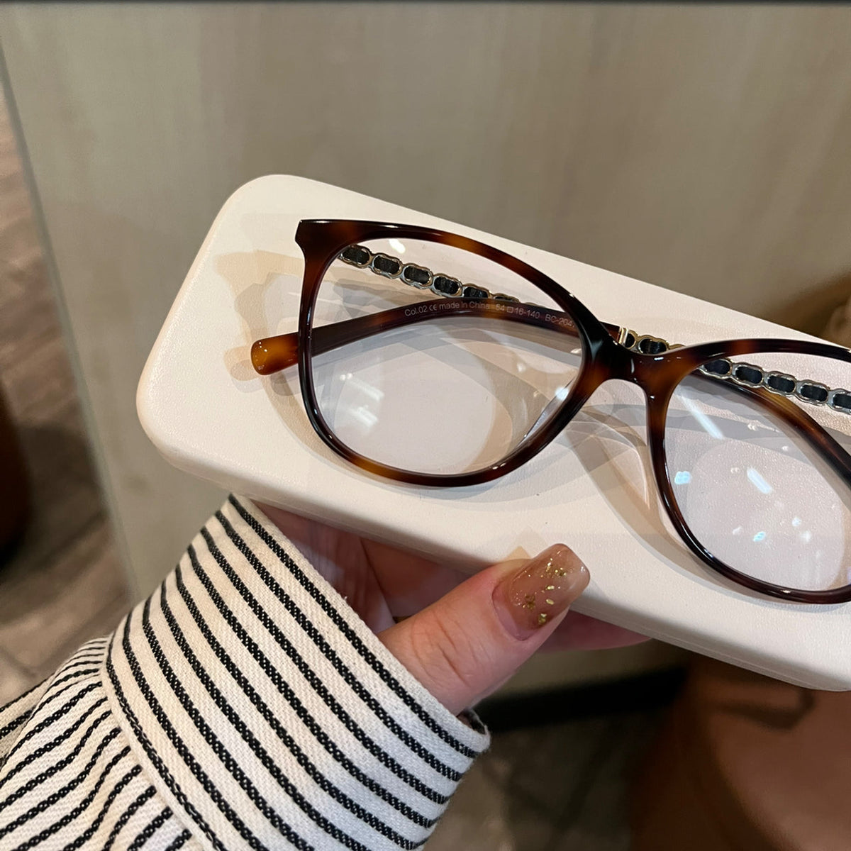 Cat-Eye Eyeglass Frames with Chain-Style Temple Details, Black or Tortoiseshell