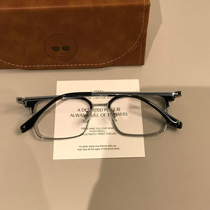 Men's Rectangular Browline Frames | Black Silver lens detail